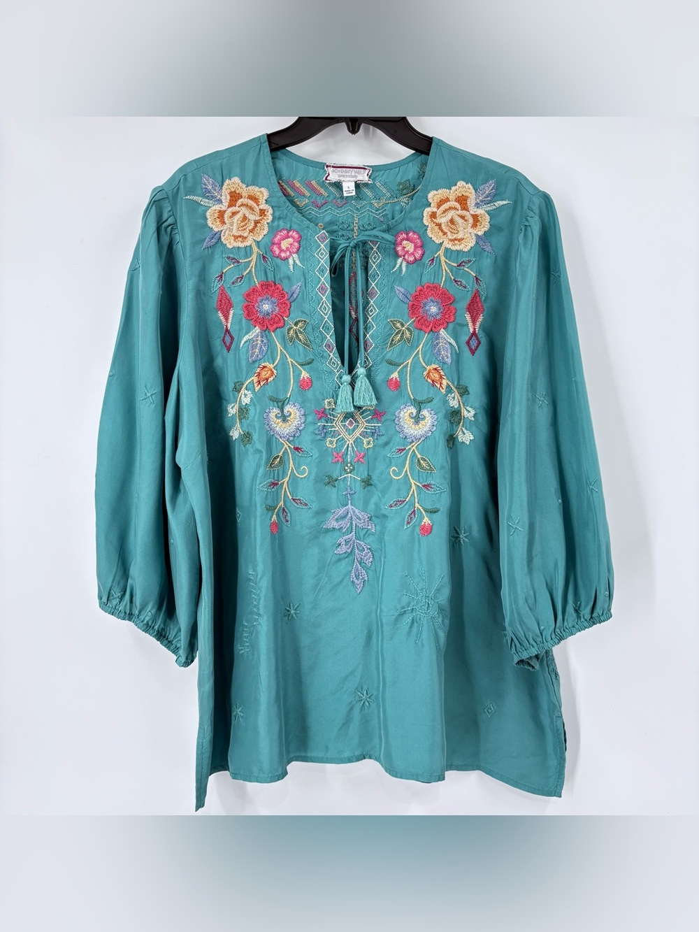 Johnny Was Workshop Teal 100% Silk Embroidered Peasant Blouse